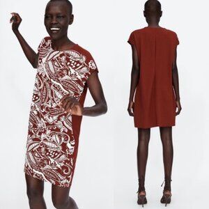 Zara Red Brown White Bohemian‎ Embroidered Shift Dress Size Small Short Boho S